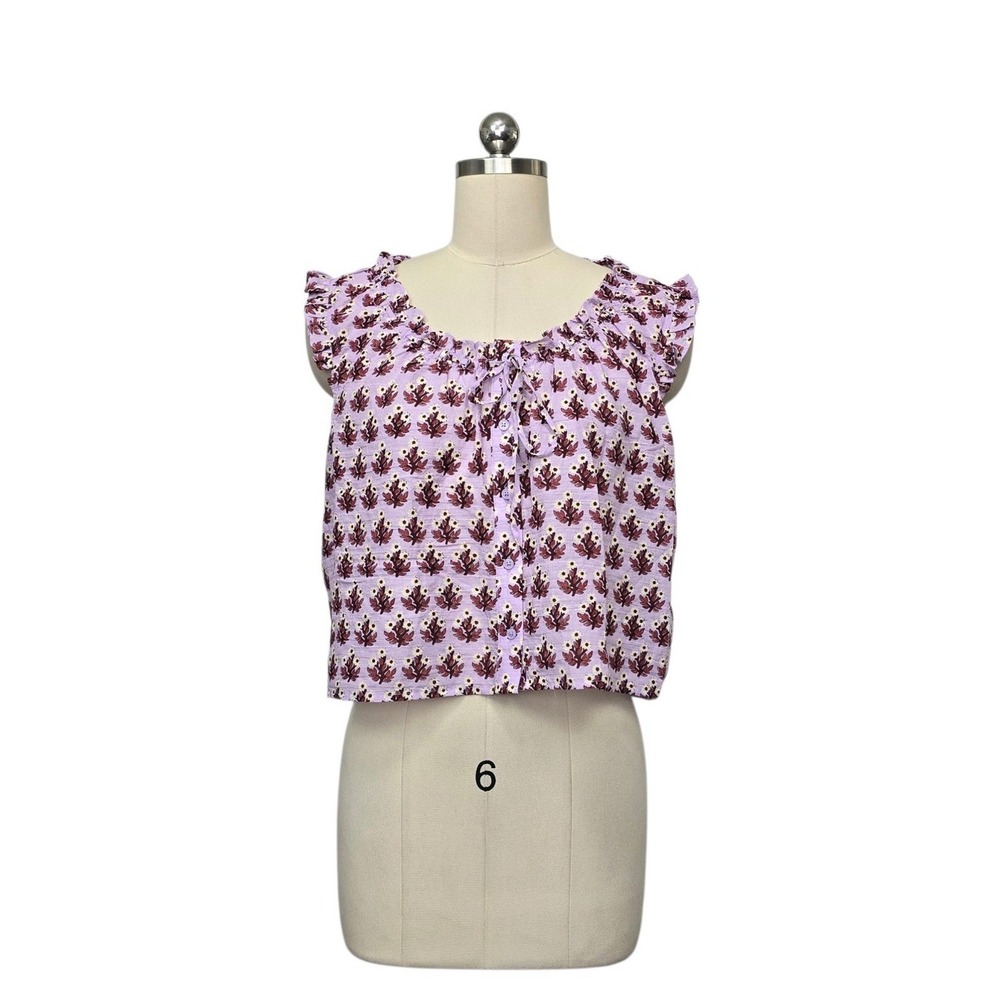 J.Crew Lavender Floral Block Print Ruffle Button Front Top CL461 Size Small NEW